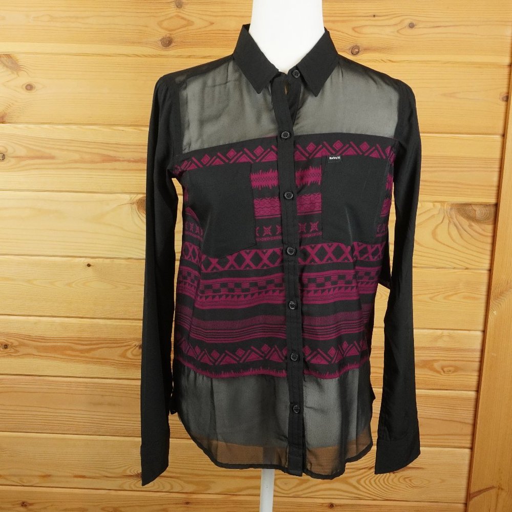 Hurley Black and Dark Pink Sheer Top‎ Size Small